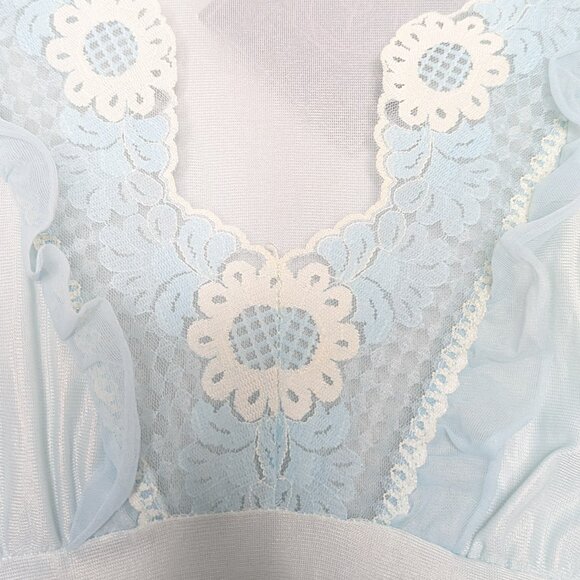 Vintage 1960's Baby Blue Sleeveless V-Neck Maxi Nightgown Floral Daisy Lace Trim - Picture 7 of 9